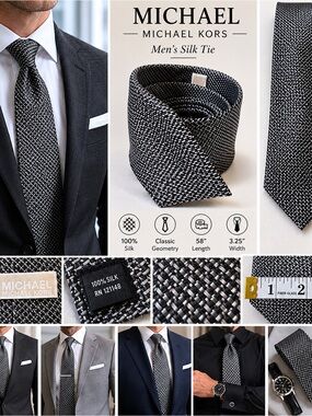 Michael Kors Gray Black Woven Silk Tie Geometric Pattern